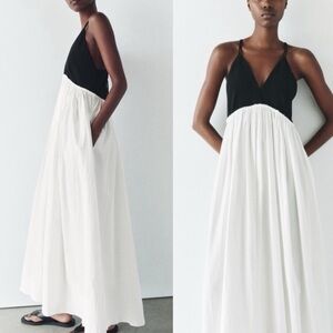 ZARA WOMAN COLLECTION Midi dress with a V-neckline Black and White Maxi Dress M